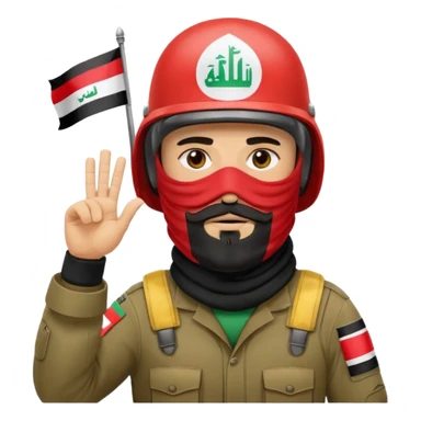 surrenders, depicts an Iraqi soldier from 1980, with a beard, in a helmet, a helmet with sign flag Iraq, with a balaclava, with sad eyes and both hands raised up sticker
