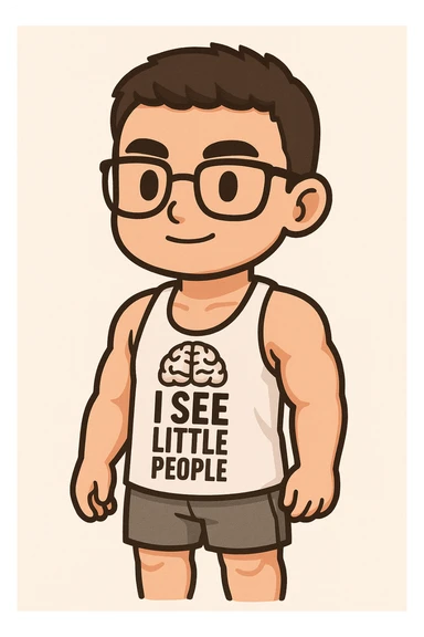 Full body illustration of a young, strong man with short dark hair, wearing glasses and a white gym tank top. Style is cute, cartoon, and simplified with bold black lines and soft colors, matching the chibi stickers style. sticker
