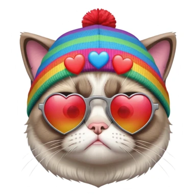 grumpy cat wearing a rainbow beanie and heart-shaped sunglasses sticker