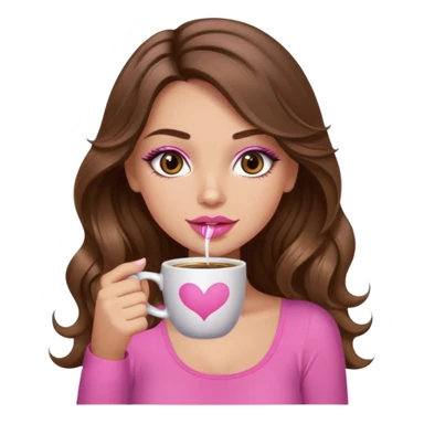 girl with long wavy brown hair, brown eyes, light to medium complexion, in a pink sexy top, pink lips, long lashes, sipping coffee sticker