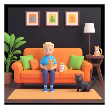 boy and cat pet, living room background sticker