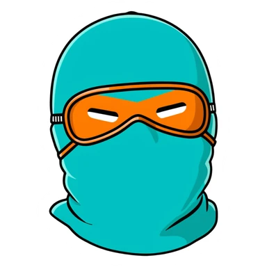 teal and orange ski mask with loving face sticker