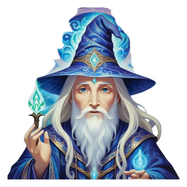 A luminescent enchanting Wizard, his ethereal presence shimmering with otherworldly energy, each detail radiating with mystical power and ancient wisdom. The painting, a masterpiece of acrylic art, captures the Wizards hauntingly beautiful visage in exquisite detail. Swirls of cosmic colors dance around him, evoking a sense of celestial wonder, while intricate patterns of glowing runes adorn his intricate robe. The image is vivid and captivating, drawing viewers into a mesmerizing realm of fantasy and magic. sticker