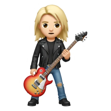 3D Apple-style emoji of a metal musician. Long hair, black leather jacket, ripped jeans, holding an electric guitar. Intense expression, glossy, rounded, smooth, soft shadows, white background.









 sticker