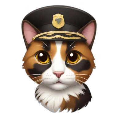 calico cat with dark brown fur wearing a pilot hat sticker