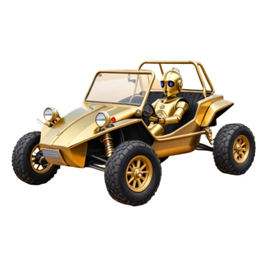 Old American West tarnished neon underglow C-3PO bounty hunter 1964 delicately ornate rosegold wood accents painted dune buggy buckboard powered by electric motors and batteries with safety and belts flying rapidly roughening terrain stable on strong agile advanced suspension and steering sticker