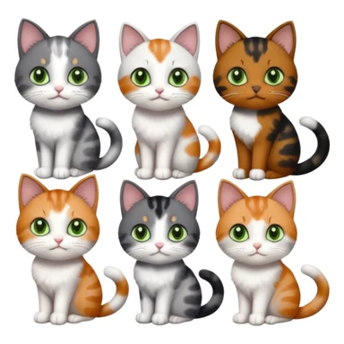 6 different coloured small cats including a dark grey and white, and a patchy calico, and a brown tabby and white,  and a completely solid dark grey with green eyes and only white paws sticker