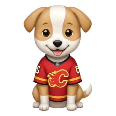 Tan and white dog wearing calgary flames jersey sticker