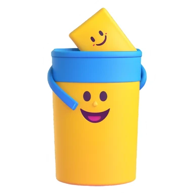 blue bin with a smiling face, waving sticker