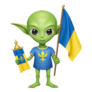 Green alien in Shirt 👚 with 🇺🇦 Ukraine flag in a hand and 🇷🇺 Russia flag sticker