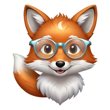 A gentle fox with iridescent fur, a glowing tail, a silver star on its forehead, and round glasses, smiling softly with closed, happy eyes. 🦊😊 sticker