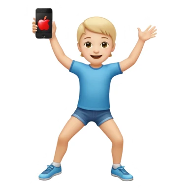 happy child dancing with a phone, arms and legs wide, apple style emoji sticker
