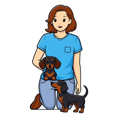 black dachshund with a girl in a blue t-shirt and brown hair sticker