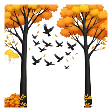 a flock of birds flying above trees with orange and yellow leaves, autumn scene sticker