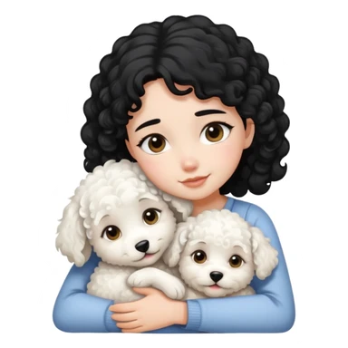 A black-haired girl hugs a white curly-haired puppy sticker