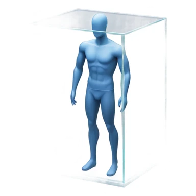 male mannequin abs cubes inside a glass cube on a stand isometric view sticker