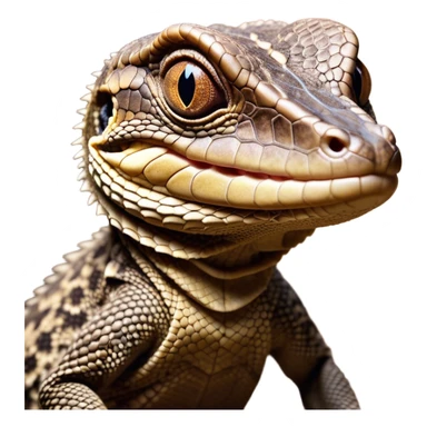 Cinematic Comical brown camo spotted monitor Lizard Portrait Emoji, Head tilted dramatically with an exaggeratedly shocked expression, featuring a robust, patterned body with wide, comically expressive eyes full of humorous disbelief, Simplified yet hilariously expressive features, highly detailed, glowing with a slightly sassy glow, high shine, dramatic yet playful, stylized with an air of quirky reptilian attitude, soft glowing outline, capturing the essence of a meme-worthy brown camo spotted monitor lizard that looks ready to side-eye its way into viral fame! sticker