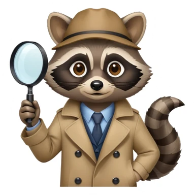 Raccoon private investigator with trenchcoat and magnifying glass sticker