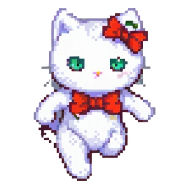Hello Kitty white cat with red bow running energetic pose pixel art style sticker