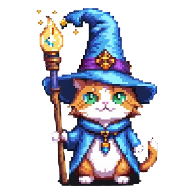 cat wizard with magic wand and wizard hat sticker