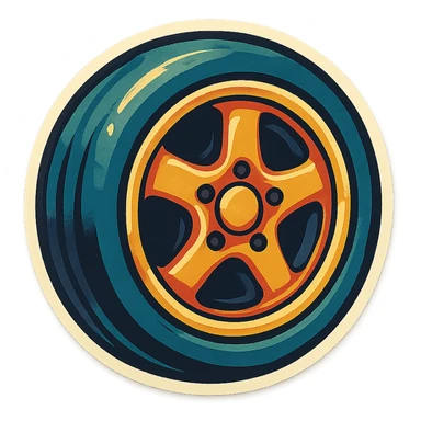 car wheel with bold outlines, vintage color palette, playful and nostalgic look sticker