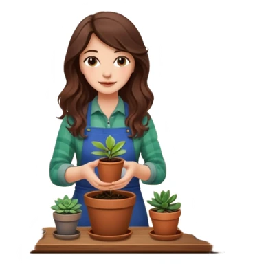 
Close-up of a woman with long, wavy brown hair planting a seedling in a pot. Surrounding her are plants and succulents with vibrant leaves and flowers. Sunlight filters through the window, casting soft shadows. A cozy interior space with gardening tools on a wooden table. sticker