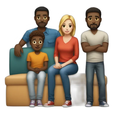 5 afroamerican men standing behind a couch on which a single young white woman sits alone and noone besides her sits there sticker