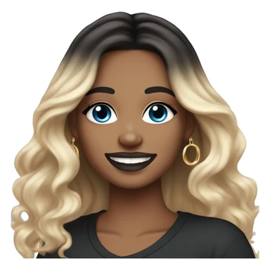 White-skinned adult woman, smiling, glitter drawings makeup on her face, blue eyes, long black-to-blonde ombre wavy hair, ring earrings, black T-shirt. sticker