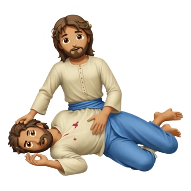 fullbody Jesus apostle in prone pose, alternate hairstyle, clear prone position, full body visible, apple emoji style sticker