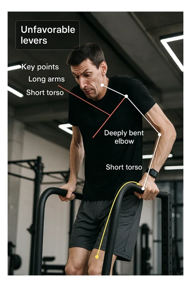a tall, lean man with very long arms and a short torso attempts a dip on parallel bars. His elbows are deeply bent and his body appears awkwardly positioned, highlighting the mechanical disadvantage. An overlay shows anatomical lines and angles, with labels explaining “unfavorable levers.” The background is a modern gym, with a focus on biomechanics. sticker