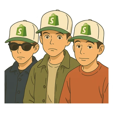 the Beastie Boys wearing hats with the Shopify logo sticker