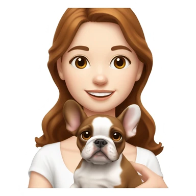 pale white skinned girl with medium chestnut wavy hair holding a brown and white french bulldog puppy  sticker