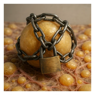 adipocyte in subcutaneous tissue locked by chains and padlock, hyper realistic 4K, cellular details, neutral background sticker