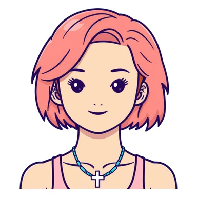 Auburn ginger haired girl with eyelashes wearing a cross necklace and a light coral pink tank top sticker