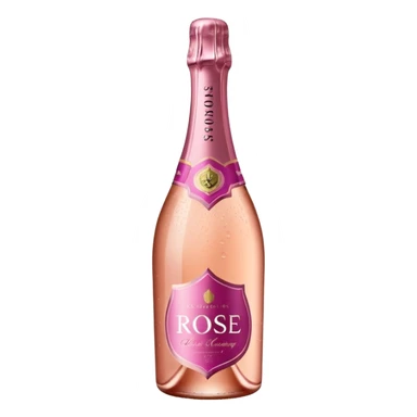 bottle of sparkling rosé champagne with a rose logo on the label, tilted up and to the right, no glass sticker