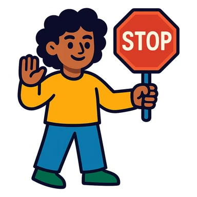 brunette person with curly hair holding a stop sign, vibrant toon style sticker