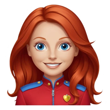 Geri Halliwel with long red hair, blue eyes, red outfit sticker