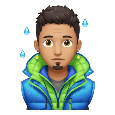 Cyberpunk street adult, hispanic, male, messy undercut, puffer vest over hoodie, glowing earpiece, light stubble, brown eyes, neon reflections, raindrops, dark background. sticker