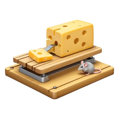 A 3D emoji in iOS emoji aesthetic style of a small mousetrap on a wooden base with a tiny gray mouse approaching a small piece of yellow cheese on it, minimal white background, bright lighting, clean and glossy Apple-style design sticker