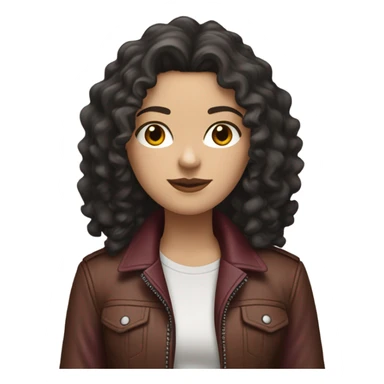 long black curly hair white girl wearing a brown tshirt and a light burgundy biker jacket sticker