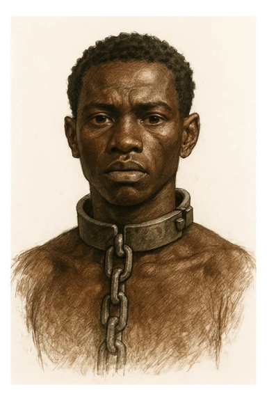 Сгенерируй мне в чуть рисованном стиле африканского раба, и на шее у него оковы с цепью, он смотрит четко прямо без эмоций. На белом фоне sticker