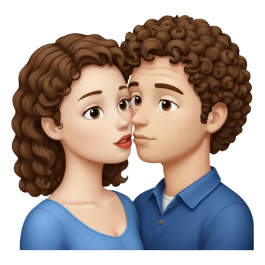 A couple kissing, the man would be white-skinned, short-curly, brown-haired. The serious woman with white skin, long hair and brown color sticker