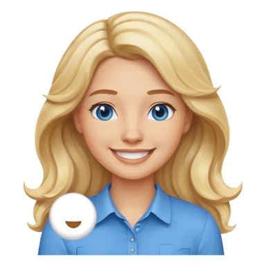 Create a custom emoji-style character inspired by a smiling woman with long, wavy blonde hair, light skin tone, and blue eyes. Emphasize a friendly, approachable expression with a bright smile and soft features. sticker