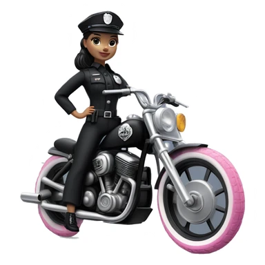 Bouclé Beauty Barbie, Wednesday Addams from academy, in vertically-striped dark-gray and black police officer’s uniform with small hat. Leaning back at the hips, riding a wheelie on a hot rod bike smiling  sticker