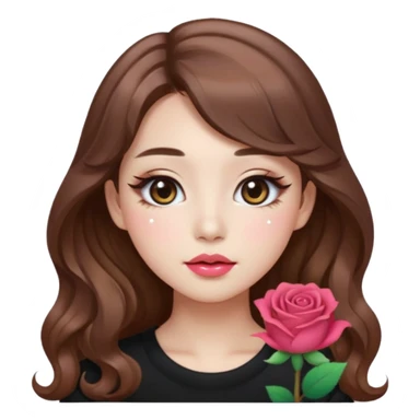 “korean brown hair Emoji girl, soft eyeliner, gradient rose lips, light brown shimmer eyeshadow, sparkly aegyo-sal, long wavy hair,  sticker
