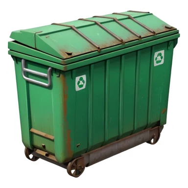a green closed dumpster, No trash, BOTH THE LIDS CLOSED sticker