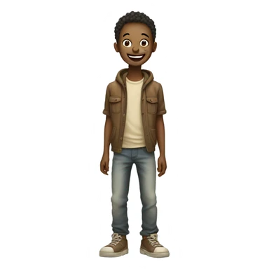 A skinny boy stands in old clothes and laughs sticker