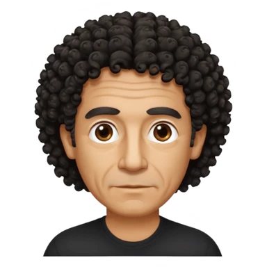 60 year old Greek man with short black curly frizzy think hair that sticks up and has a black shirt sticker