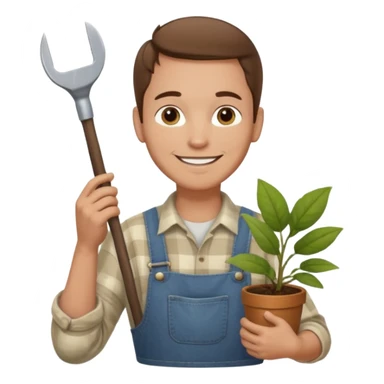 Adult male, light skin, friendly smile, casual farm-style clothes, relaxed posture, holding a plant or small tool, approachable, completely unique from other male roles sticker