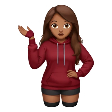 Curvy pretty brown girl with long brown hair, wearing a dark deep red sweatshirt with tall black socks sticker
